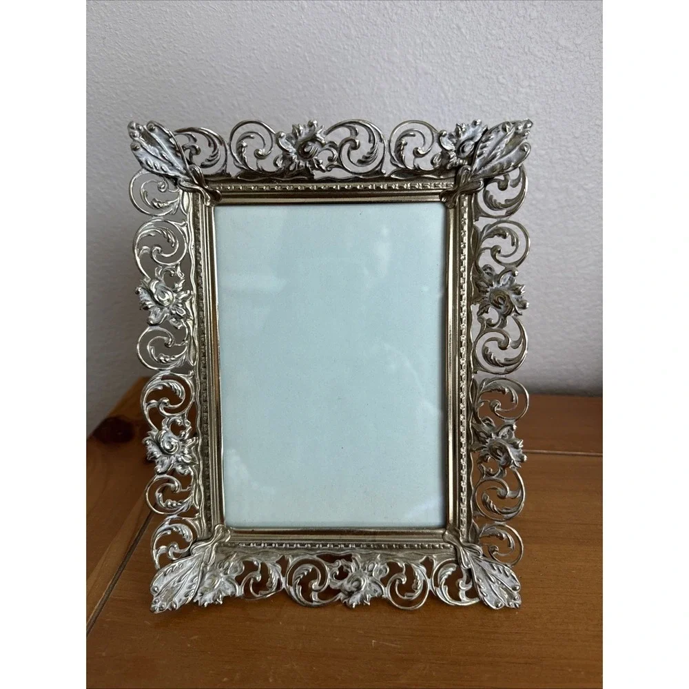VTG Filigree Picture Photo Frame 5x7 Inch Brass Gold White Metal Ornate Standing